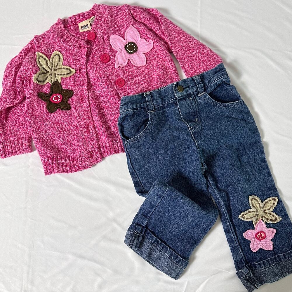 Vintage 2000s Y2K Faded Glory Flower Patchwork Cardigan Set Sz 18mo